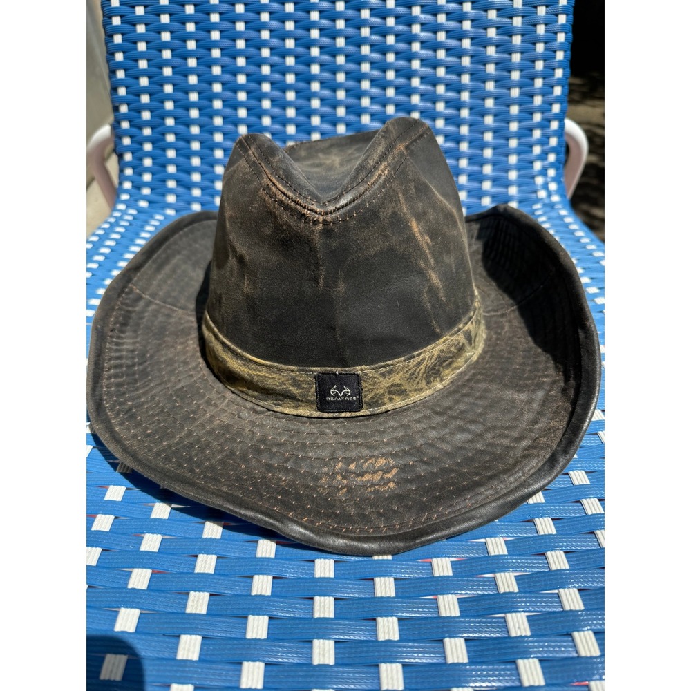 Realtree Outdoor Cowboy Waxed Cotton Outback Hat Cap Camo Band Brown S/M